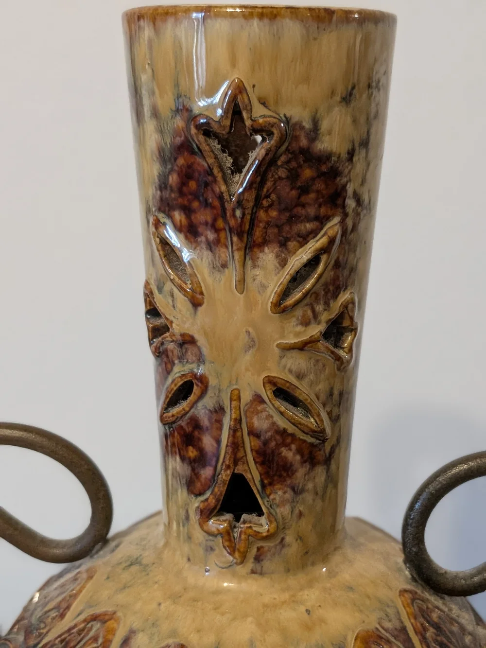 Vintage Glazed Ceramic Pierced Vase With Metal Handles